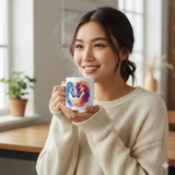 Woman drinking from a vibrant colorful horse mug, 11oz ceramic coffee cup.