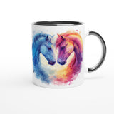Mug with colorful horse design on a white background with black rim