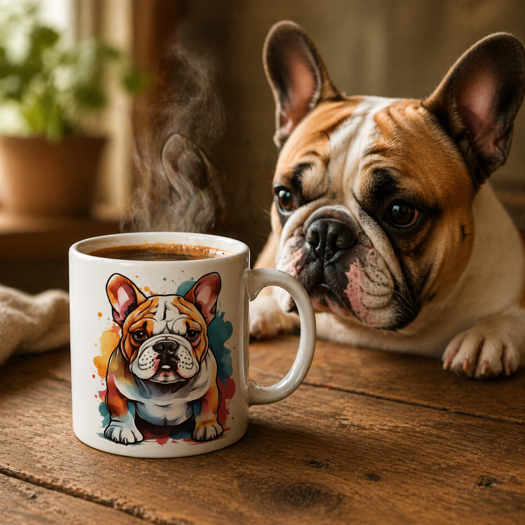 Colourful Bulldog Watercolour Mug – 11oz Ceramic Coffee Cup