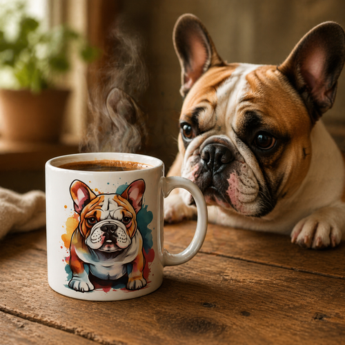 Colourful Bulldog Watercolour Mug – 11oz Ceramic Coffee Cup