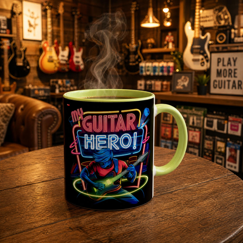 Vibrant Guitar Player Ceramic Mug – Glossy Black with Colorful Accent
