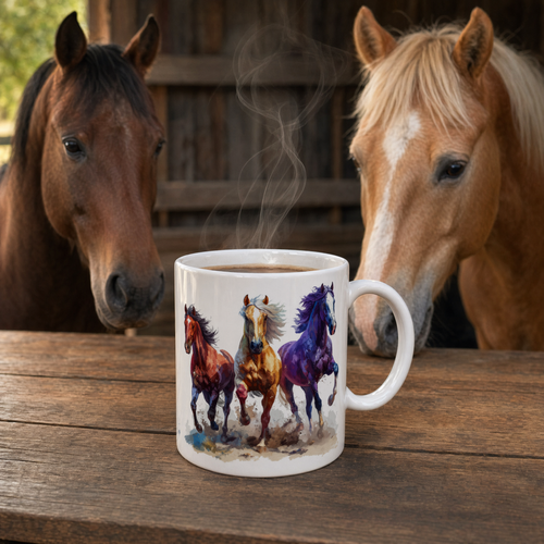 Colorful Galloping Horses Ceramic Coffee Mug – Perfect for Horse Lovers