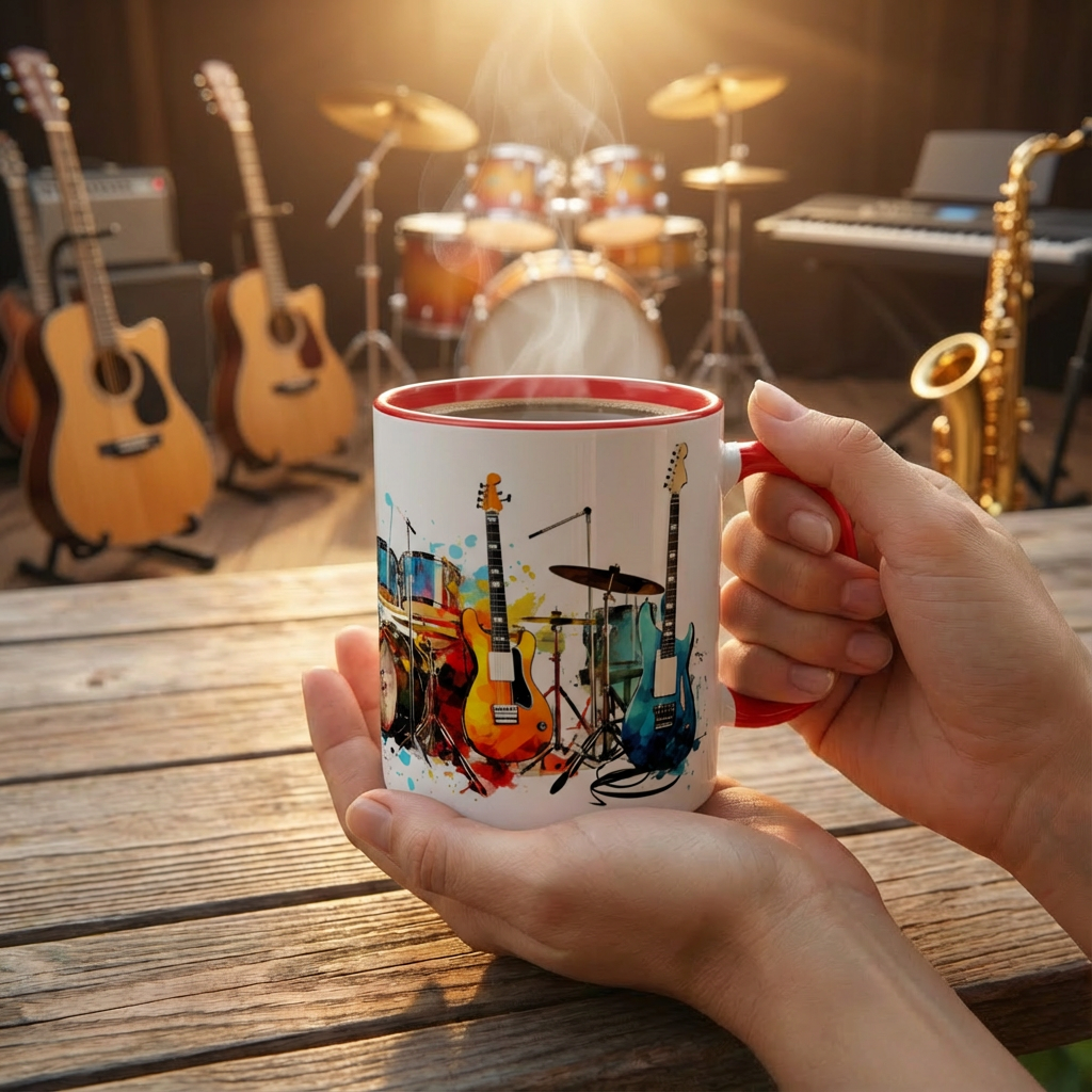 Rock Musicians Glossy White Coffee Mug – 11oz with Coloured Rim