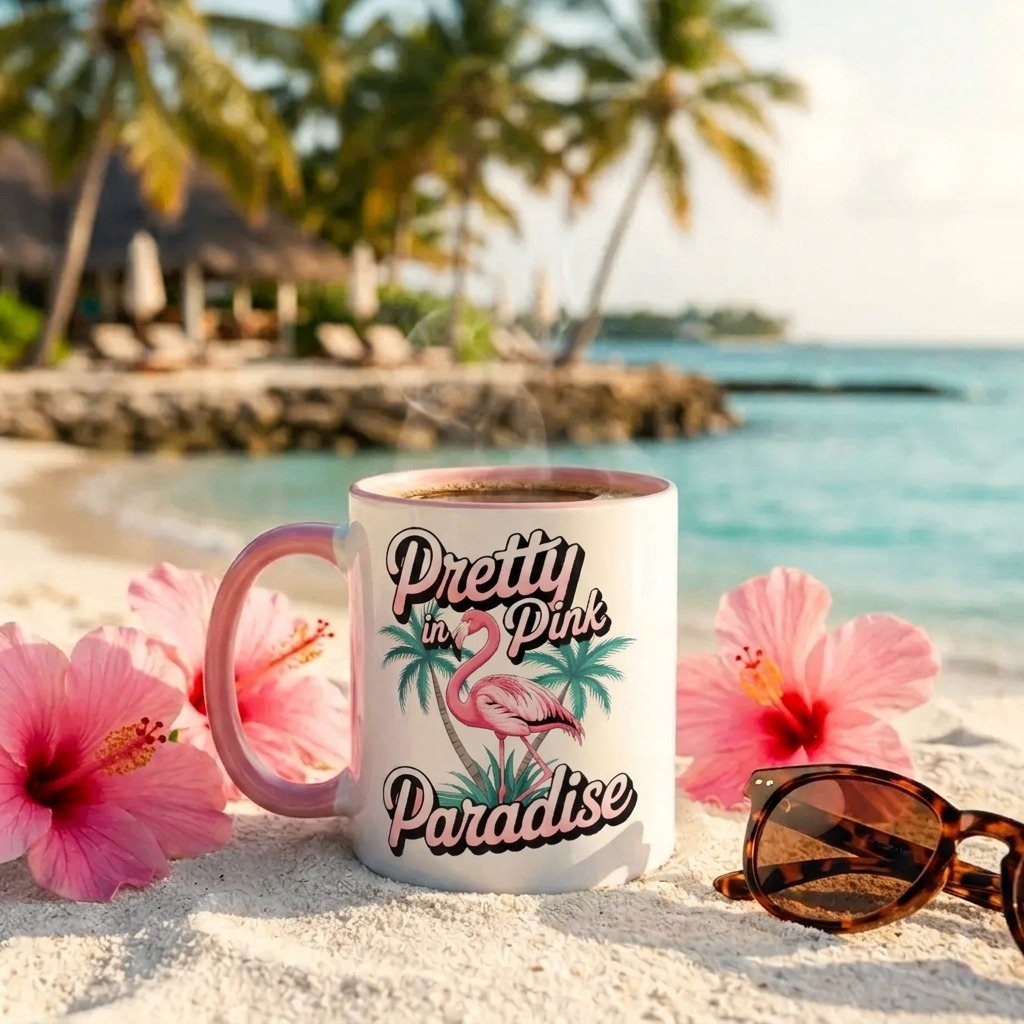 Pretty in Pink Paradise Coffee Mug – Flamingo Mug, Tropical Gift, Pink Handle Mug, Flamingo Lover Gift, Fun Coffee Cup, Summer Mug, Unique Gift for Her
