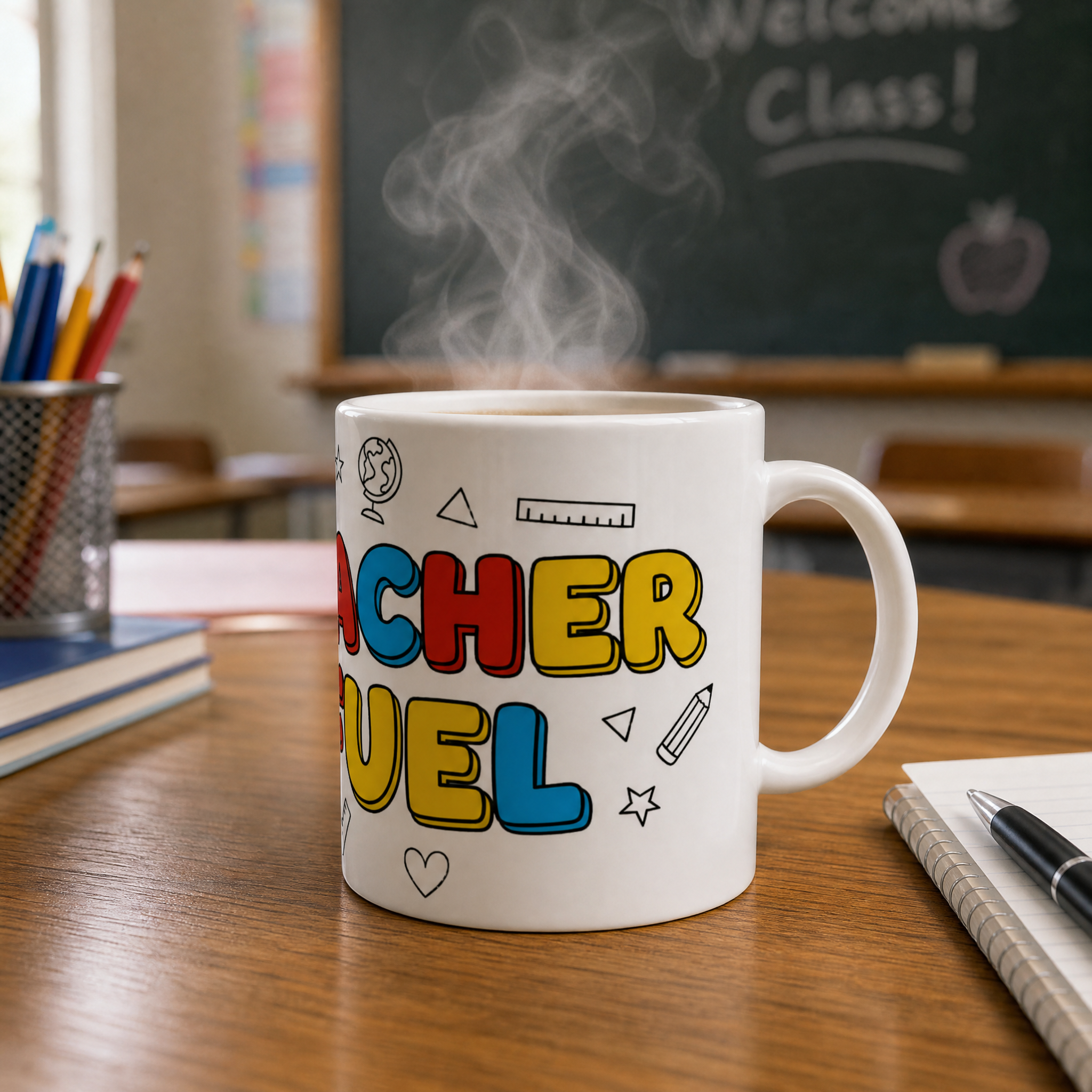 Teacher Fuel Ceramic Coffee Mug – 11oz Glossy White with Colored Accents