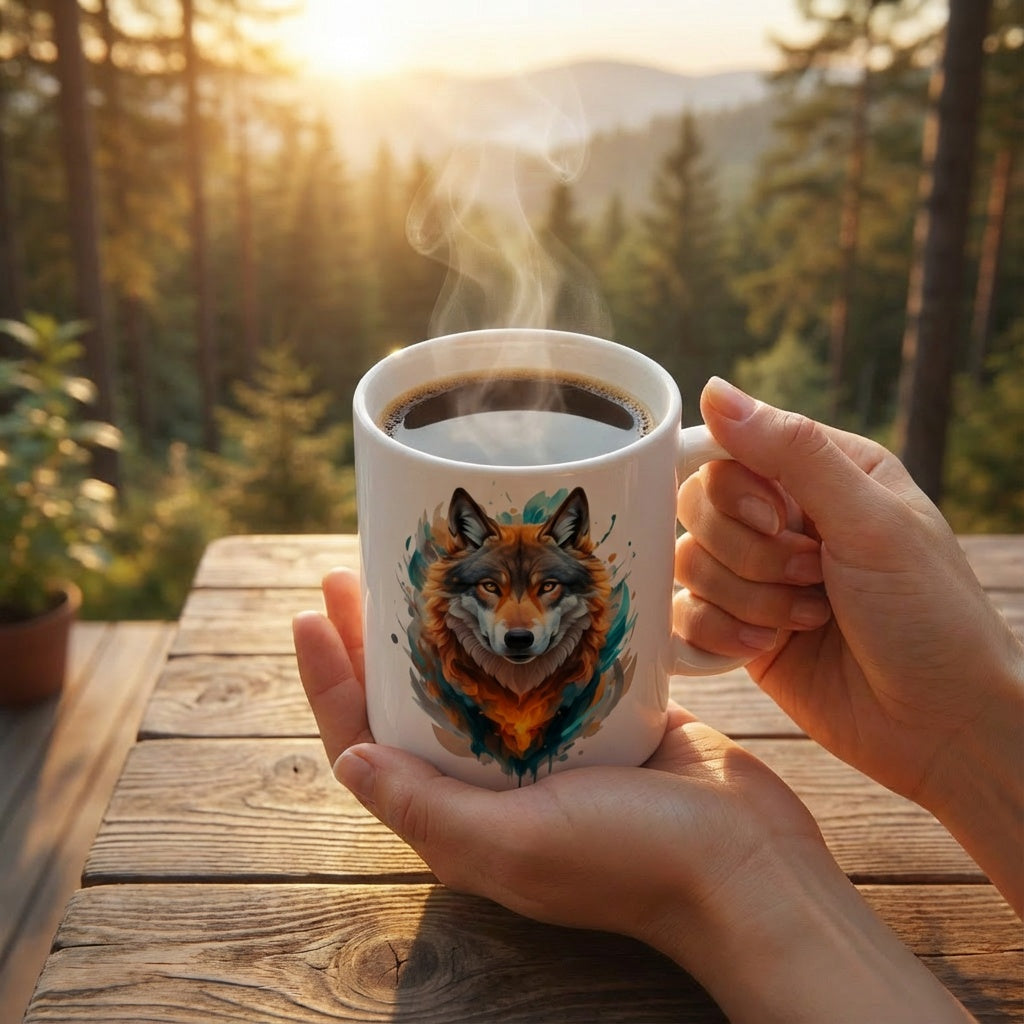 Colourful Wolf Ceramic Coffee Mug – 11oz Design for Hot Beverages