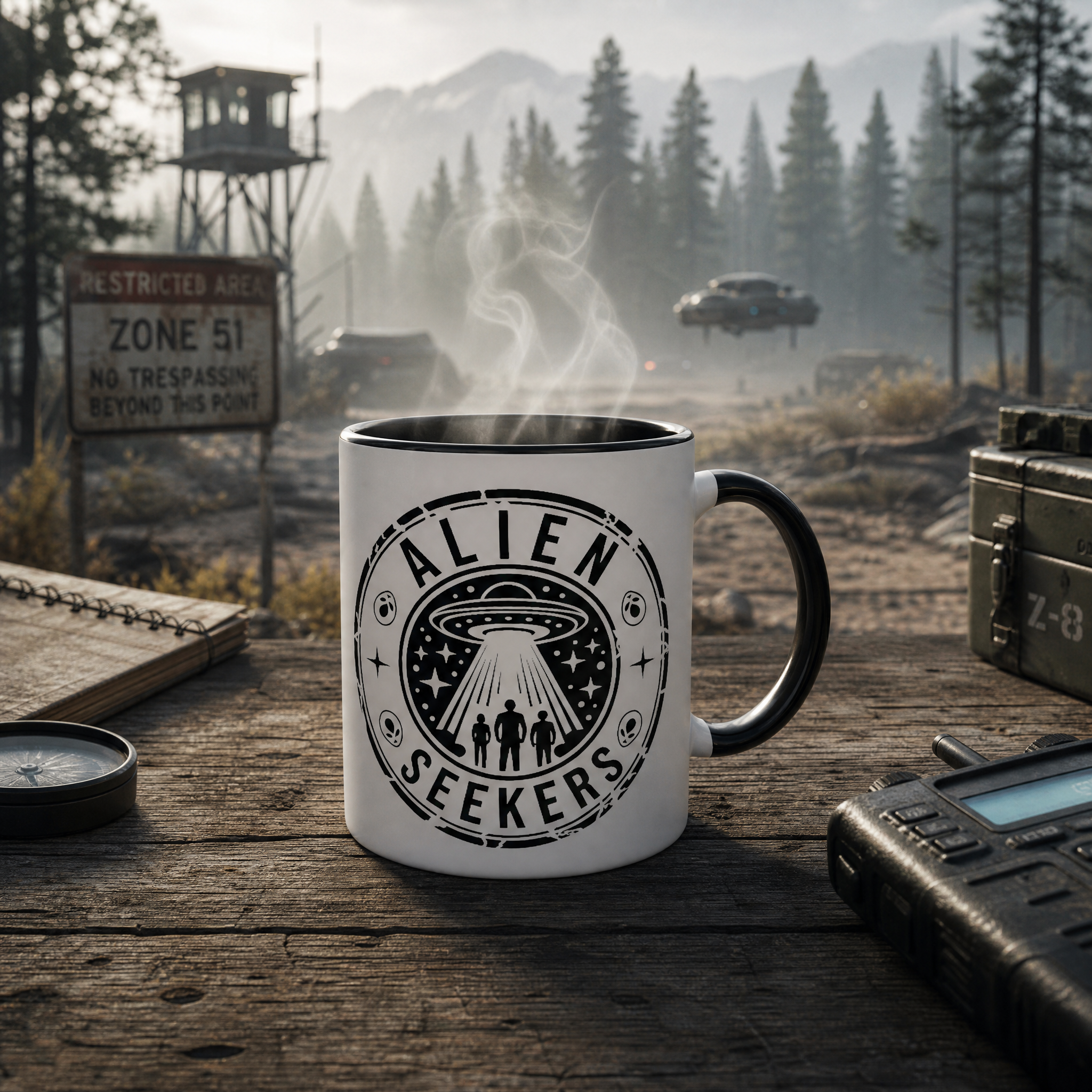 Alien Seekers Coffee Mug — UFO Abduction Two-Tone Black & White Mug — Alien Gift — Space Lover Mug — Sci-Fi Mug — Funny Alien Mug — UFO Gift