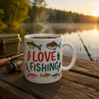 Love Fishing Coffee Mug - 11oz Ceramic, Dishwasher & Microwave Safe, Colored Rim