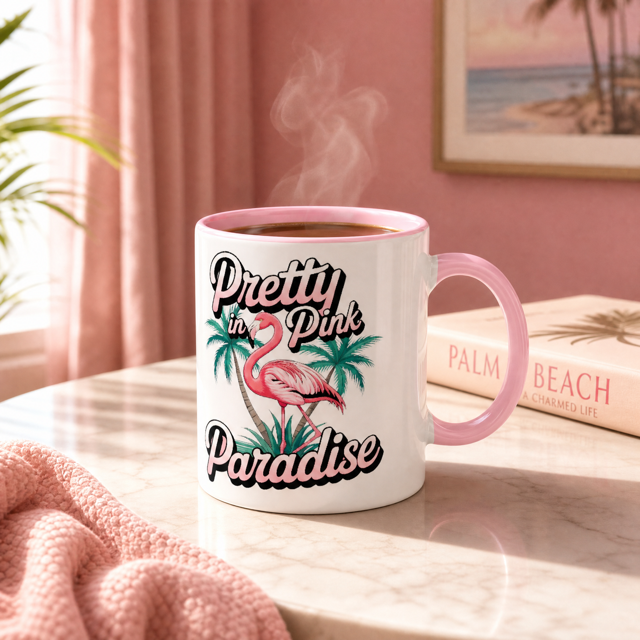 Pretty in Pink Paradise Coffee Mug – Flamingo Mug, Tropical Gift, Pink Handle Mug, Flamingo Lover Gift, Fun Coffee Cup, Summer Mug, Unique Gift for Her