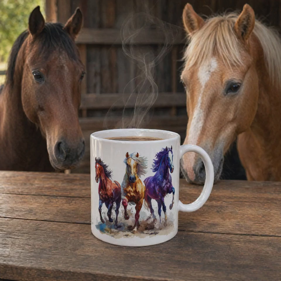 Colorful Galloping Horses Ceramic Coffee Mug – Perfect for Horse Lovers