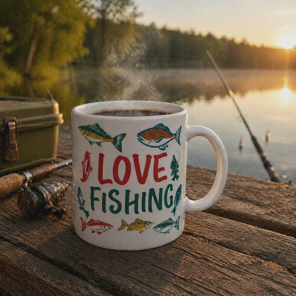 Love Fishing Coffee Mug - 11oz Ceramic, Dishwasher & Microwave Safe, Colored Rim