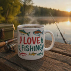 Love Fishing Coffee Mug - 11oz Ceramic, Dishwasher & Microwave Safe, Colored Rim
