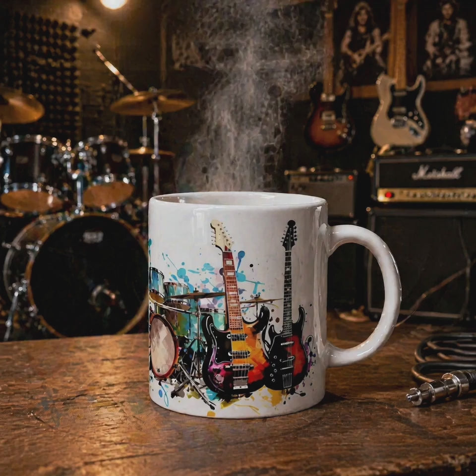 Rock Musicians Glossy White Coffee Mug – 11oz with Coloured Rim