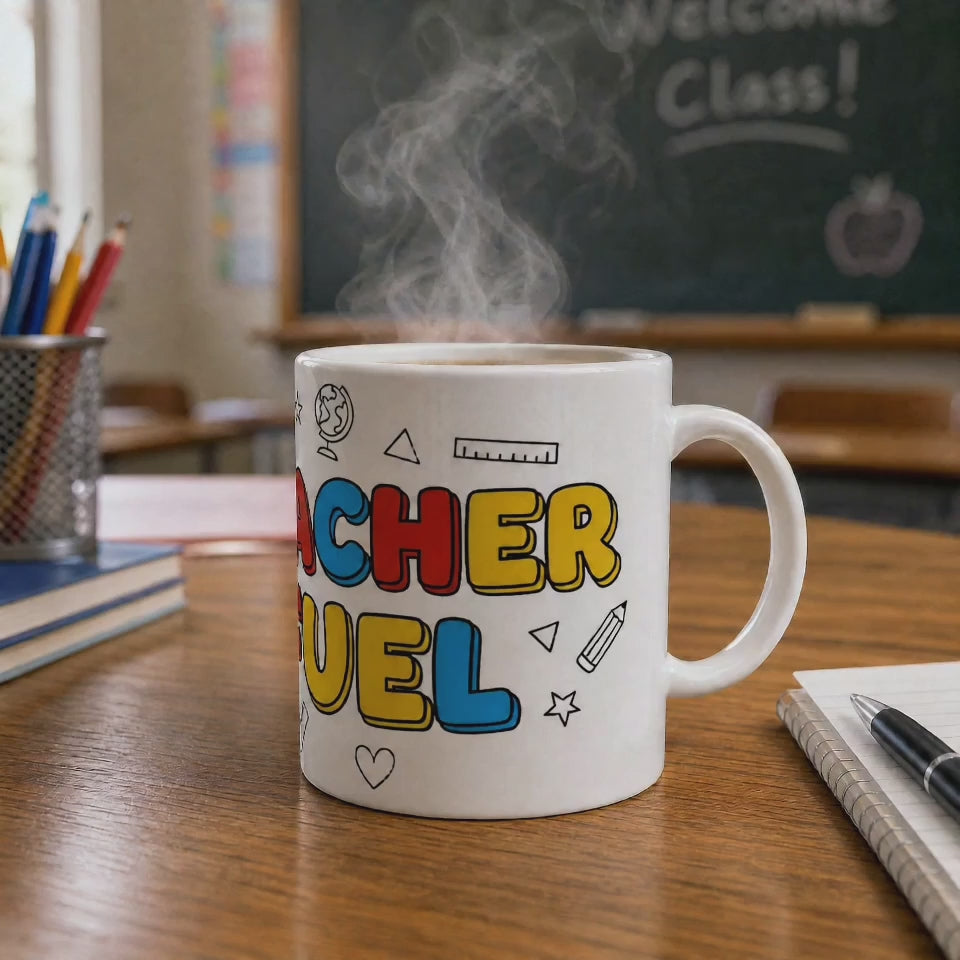 Teacher Fuel Ceramic Coffee Mug – 11oz Glossy White with Colored Accents