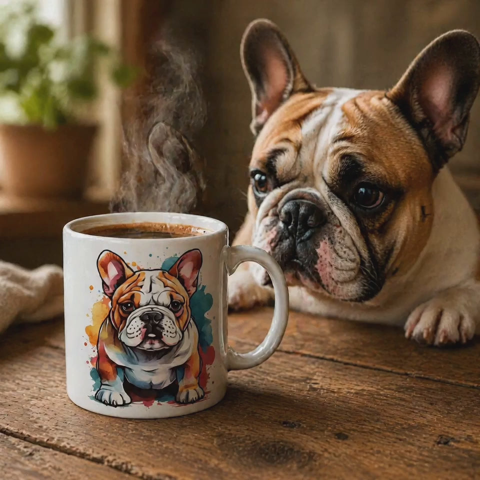 Colourful Bulldog Watercolour Mug – 11oz Ceramic Coffee Cup